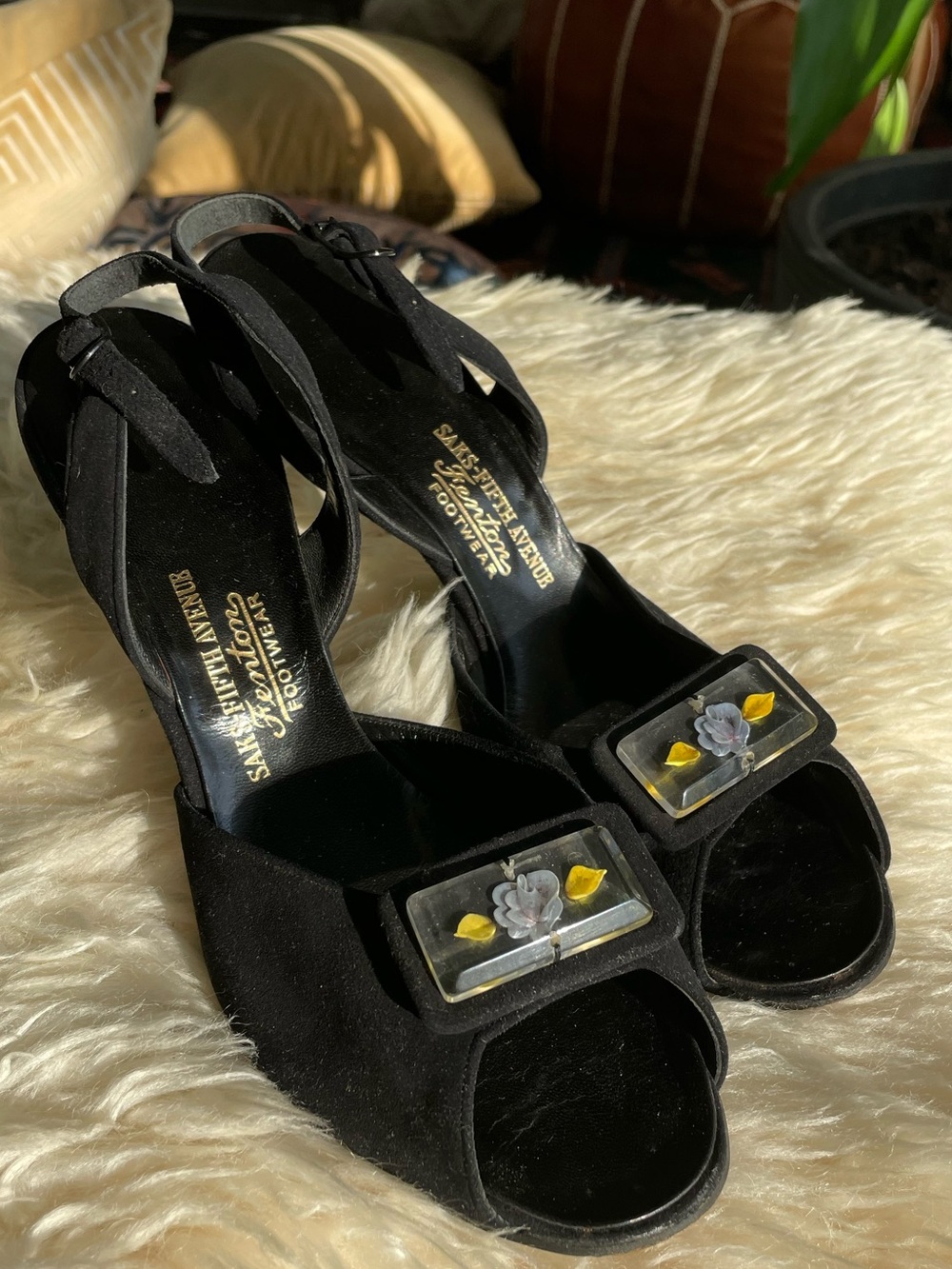 Fenton Black Suede Open-Toe Heels with Floral Resin Accents